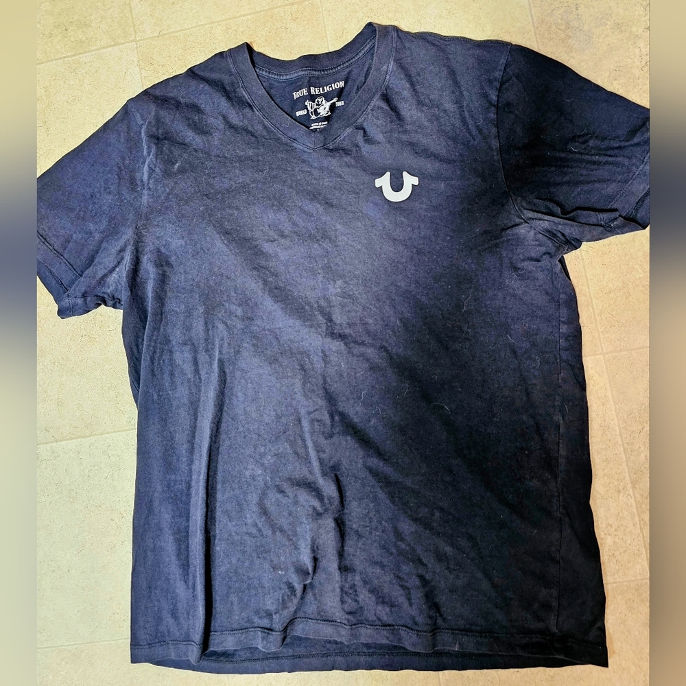 True Religion Classic Horseshoe Logo V-Neck T-Shirt Men's Size M Black Cotton